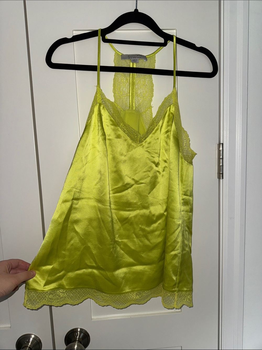 All Saints Lace-Trim Satin Cami Tank in Lime